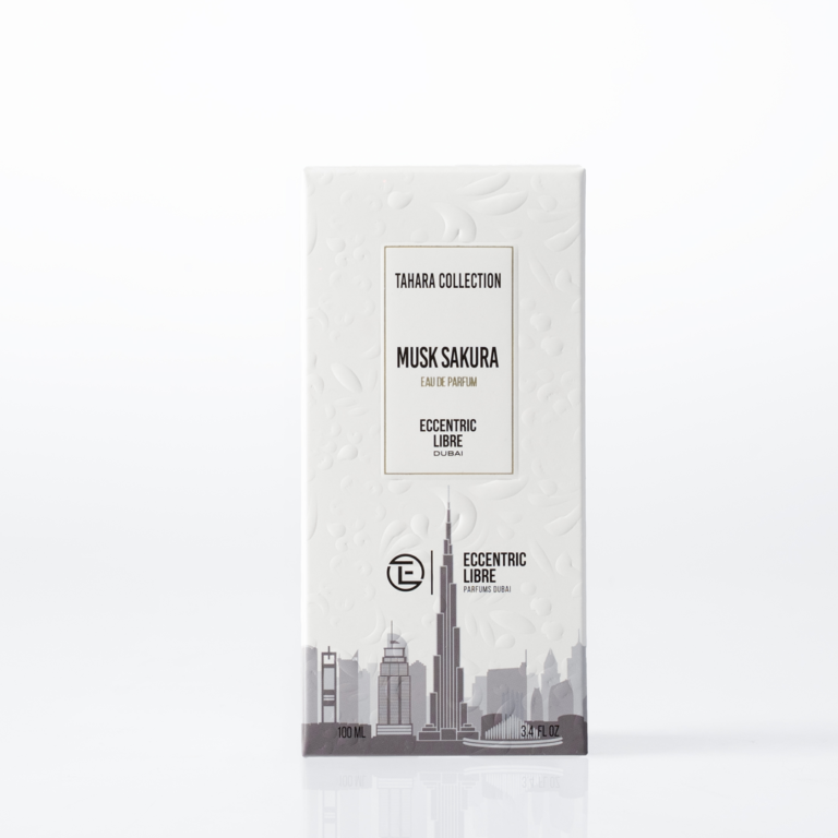 Original Musk Sakura white presentation box with Dubai skyline design